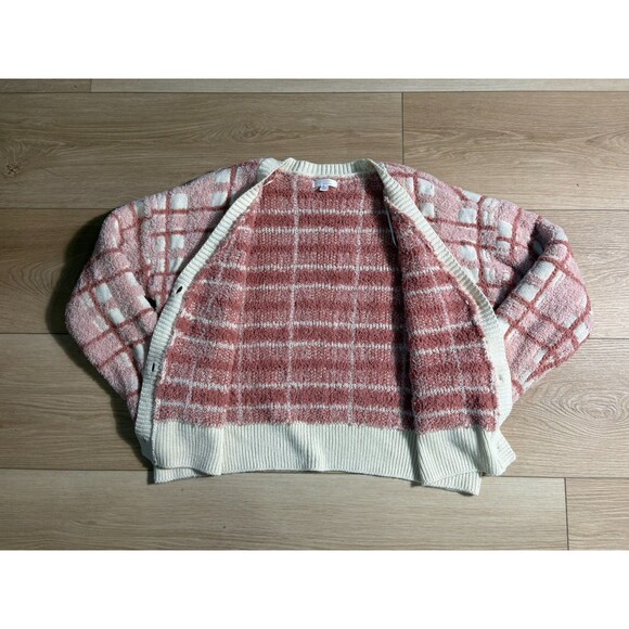 LC Lauren Conrad Women's XL Pink White Fuzzy Knit Button Cardigan Sweater Cozy - Picture 2 of 10